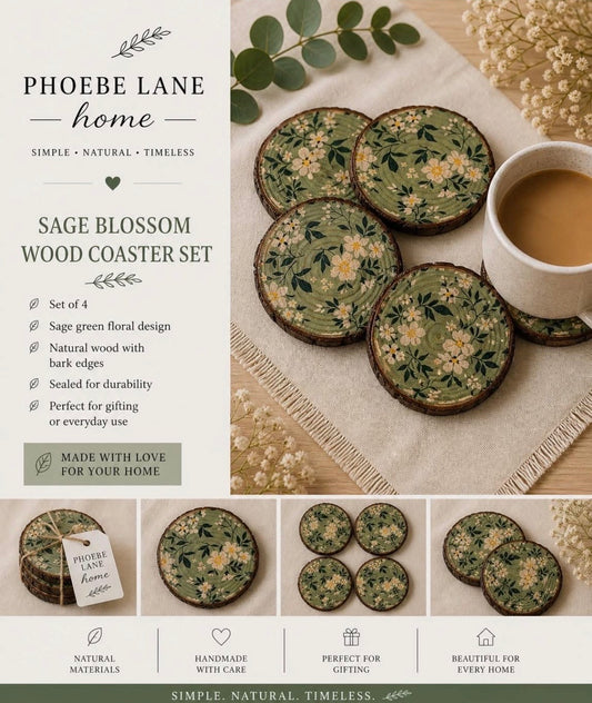 Sage Blossom Wood Coaster Set