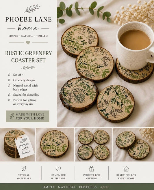 Rustic Greenery Wood Coasters Set