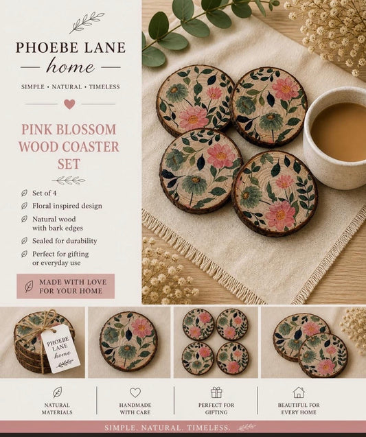 Pink Blossom Wood Coaster Set