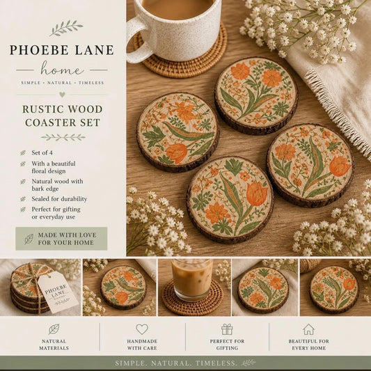 Autumn Bloom Wood Coaster Set