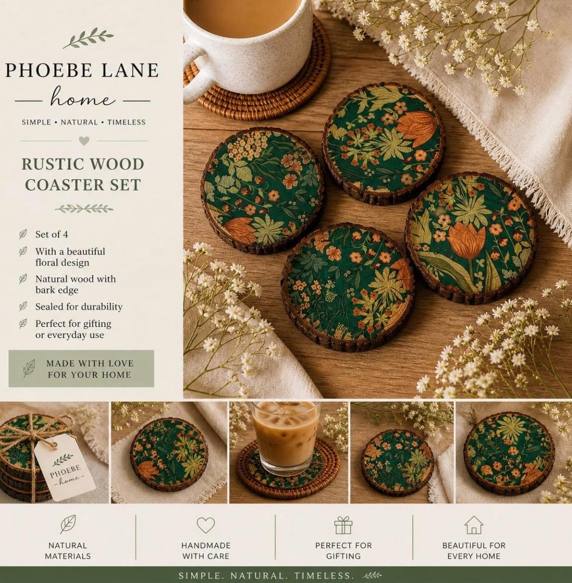 Emerald Bloom Wood Coaster Set