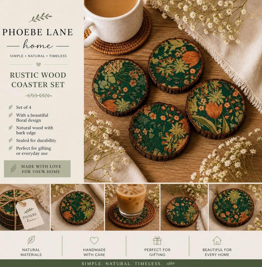 Emerald Bloom Wood Coaster Set