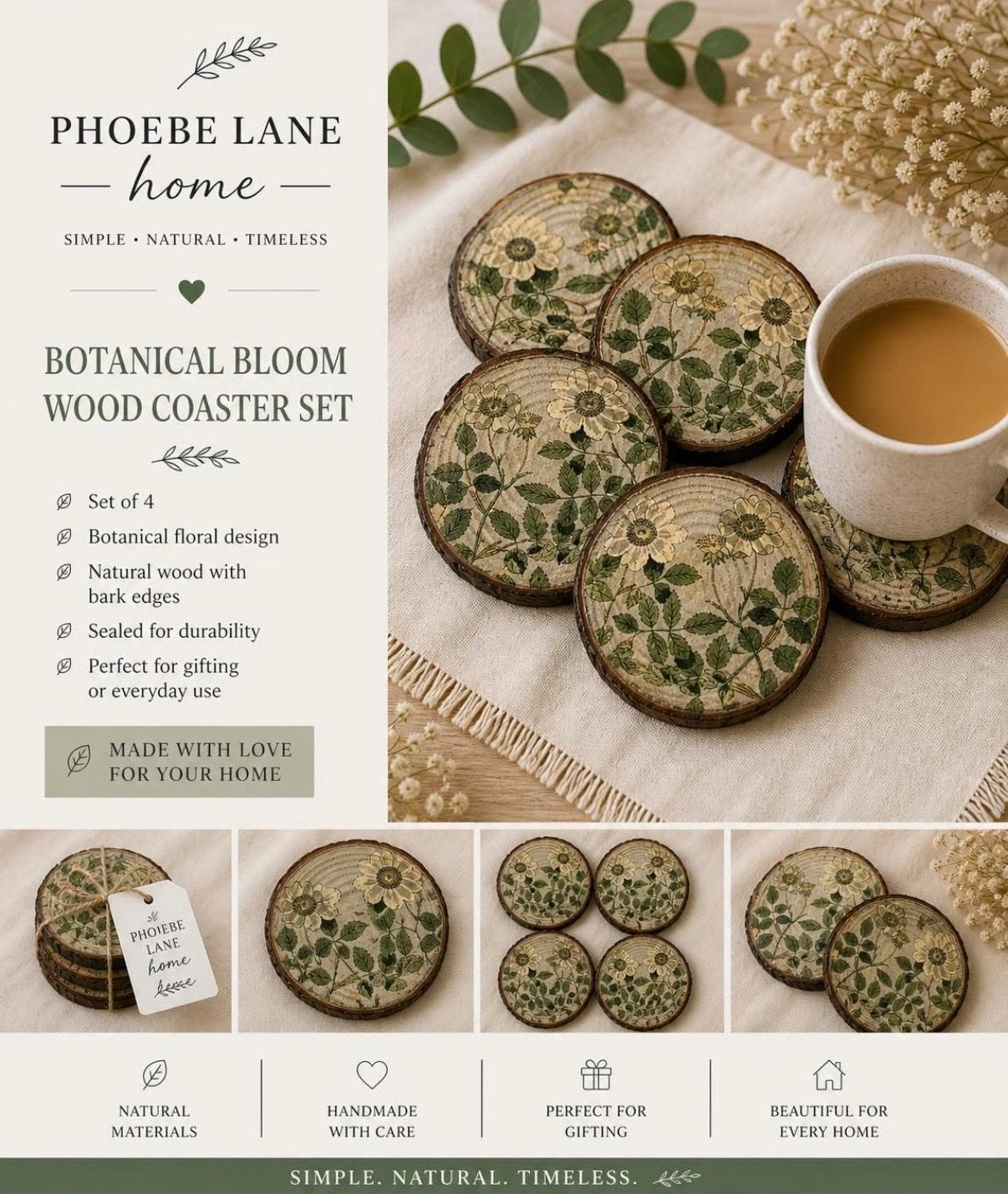 Botanical Bloom Wood Coaster Set