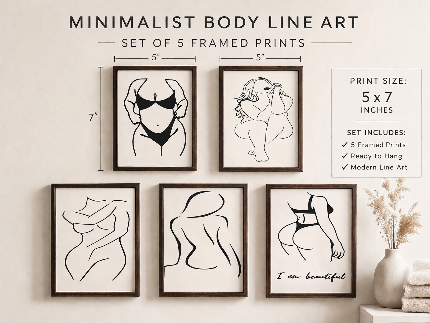 Minimalist Body Line Art Set (5x7) – Framed Neutral Wall Decor